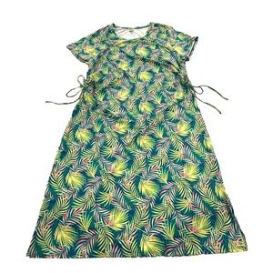 Lands’ End Women’s 2X Stretch Jersey Dress Green Palm Leaf Print Cinch Ties Plus